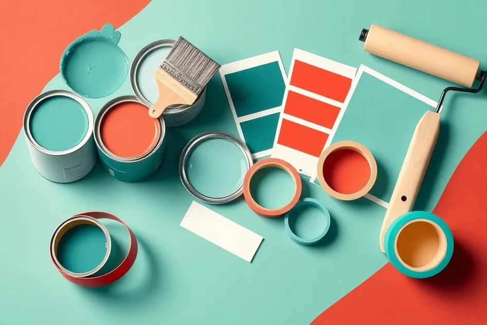 Pots de peinture, nuancier, brosses et rouleaux disposés à plat