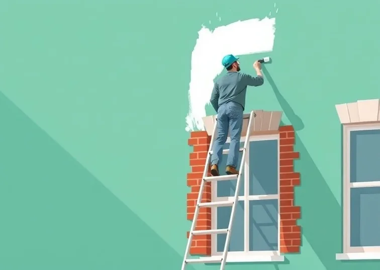 Peintre sur échafaudage traitant la façade d'une maison